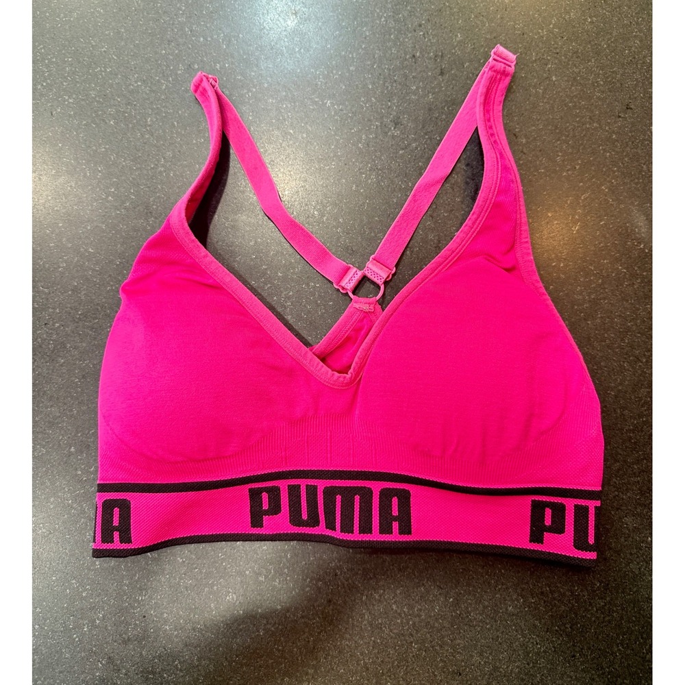 Puma Sports Bra Medium Pink Seamless Logo Racerback Barbiecore Athleisure Bold
